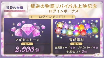 「叛逆の物語」リバイバル上映を記念したゲーム「まどかマギカ Magia Exedra」のログインボーナスキャンペーン画像。ログインでマギカストーンや育成素材がもらえることを告知しています。