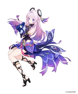 紫色の長い髪と青い目を持つアニメ風の少女