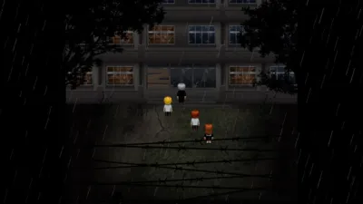 雨が降る夜、荒廃した建物に立つピクセルアート風のキャラクターたちが描かれた不気味なシーン