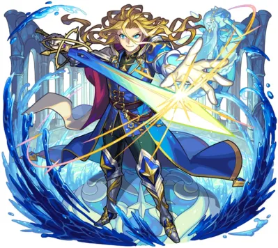 男性キャラクター,金髪,剣,魔法,水,氷,ファンタジー,アニメスタイル,青,戦士,ヒーロー