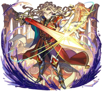 ファンタジー,男性キャラクター,剣士,魔法使い,金髪,長髪,鎧,ローブ,アニメ風,イラスト,ダイナミックポーズ,光のエフェクト,紫のオーラ,建物,神話的