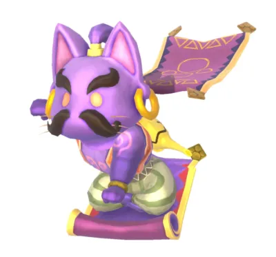 紫色の猫のようなキャラクターが、ひげとターバンをつけ、魔法の絨毯に乗って浮遊しているイラスト