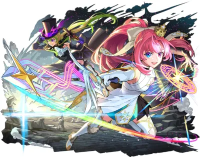 アニメ, ファンタジー, 少女, キャラクター, 魔法, 武器, 戦闘, イラスト, ピンク髪, 緑髪, 明るい, 躍動感, デジタルアート