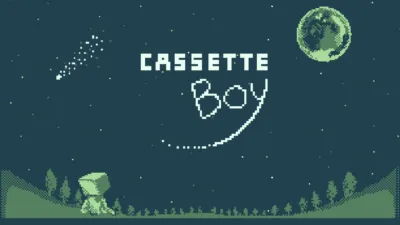 ピクセルアートで描かれた夜空の下、丘の上に座るカセットのようなキャラクター。「CASSETTE BOY」の文字、月、流れ星が印象的な、どこか懐かしい雰囲気の画像です。