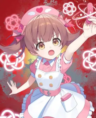 ピンクと白のメイド服のような衣装を着たアニメ風の少女が、光る絆創膏のようなものを掲げているイラスト