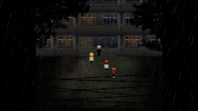 雨が降る夜、荒れ果てた建物の前に立つ5人のキャラクター。手前には有刺鉄線があり、不気味で謎めいた雰囲気が漂うピクセルアートのシーンです。廃校のような場所で何かが始まる予感。