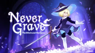 魔女のキャラクターが剣を持ち、白い花が咲き乱れる神秘的な空間に立つイラスト。背景にはステンドグラスやロウソクが見え、ゲームタイトル「Never Grave The Witch and The Curse」が描かれている。