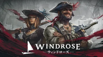海賊風の男女が描かれたゲームアート風のイラスト。女性はライフルを、男性は拳銃を持ち、背景には帆船が見える。タイトルは「WINDROSE」。