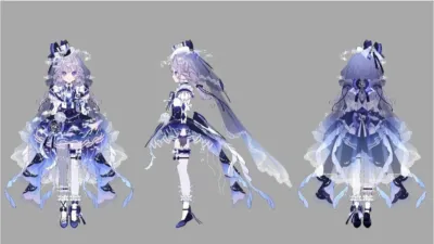 青と白を基調とした豪華なドレスをまとったアニメ風の少女キャラクターの全身三面図です。星やフリルが特徴的で、幻想的な雰囲気を醸し出しています。
