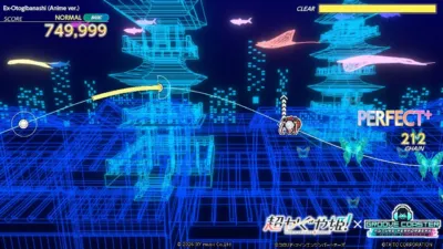 人気リズムゲーム「GROOVE COASTER」のプレイ画面。ワイヤーフレームで描かれたサイバーな世界観の中に、和風の塔や魚が浮かび、キャラクターがノーツを処理している。