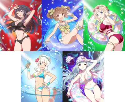 水着姿のアニメキャラクター5人が、浮き輪や水鉄砲を持って夏の水辺を楽しむ様子を描いたイラストです。明るい背景と水しぶきが、賑やかな夏の雰囲気を演出しています。