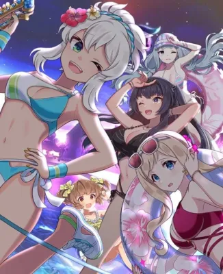 水着姿のアニメ少女たちが、水鉄砲やサーフボードを持って夏らしいビーチで楽しむイラスト。明るく活気あふれる夏のバカンスの様子が描かれています。