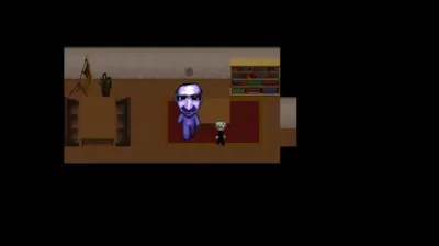 ピクセルアートで描かれたゲームの室内風景。大きな紫色の不気味なキャラクターと、小さな人間型のキャラクターが向かい合っている。本棚やテーブルがある部屋で、何かのイベントが起きている様子。