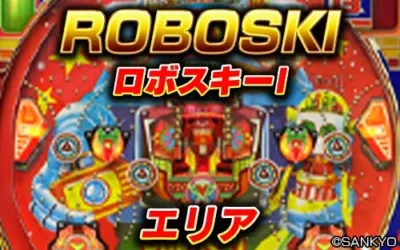 「ROBOSKI ロボスキー」と書かれたパチンコ台の盤面をクローズアップした画像です。カラフルなロボットキャラクターが複数配置され、SANKYOの著作権表示があります。