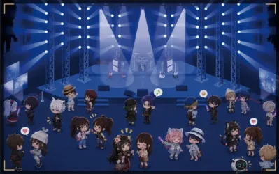 多くのちびキャラが集まる賑やかなバーチャルコンサート会場の様子。ステージには楽器とスポットライトがあり、観客のキャラクターたちは互いに交流を楽しんでいる。