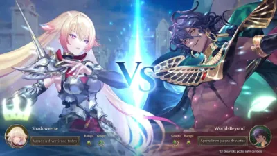 シャドウバースとWorldsBeyondの対戦画面で、金髪の女性騎士とエキゾチックな男性キャラクターが描かれています。二つのタイトルが対峙する構図で、カードゲームの対戦が始まる雰囲気を表現しています。