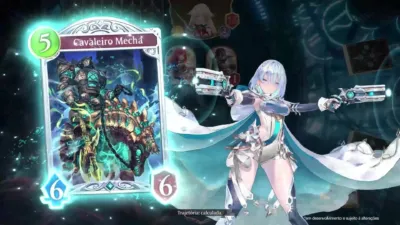カードゲームのプレイ画面で、左側には機械騎士が描かれた「Cavaleiro Mechá」というカードが大きく表示されています。右側には、未来的な銃を両手に構えた青髪の美少女キャラクターが立っており、背景には他のゲーム要素や「Trajetória: calculada.」というポルトガル語のテキストが見えます。開発中のゲーム画面のようです。