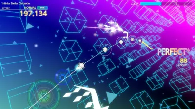未来的なデザインのリズムゲームのプレイ画面です。スコア「197,134」が表示され、「PERFECT+」と「88 CHAIN」の文字が見えます。