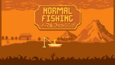 オレンジと茶色で描かれたピクセルアートの画像で、水面に浮かぶボートで釣りをしている人物が中央に配置されています。背景には山々や家、木々が描かれ、「NORMAL FISHING ノーマルフィッシング」というタイトルロゴが上部にあります。