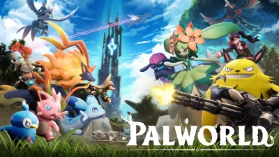 人気ゲーム「Palworld」のキービジュアル。人間キャラクターと多様なパルたちが、未来的な塔や自然豊かな世界で冒険や戦闘を繰り広げる様子が描かれており、アクション満載のファンタジー世界観を表現しています。