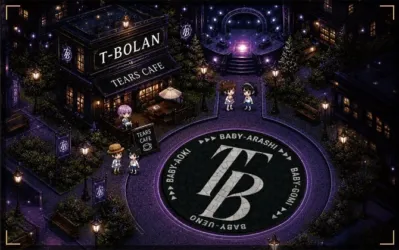 夜の街並みをアイソメトリック視点で描いたイラスト。T-BOLAN TEARS CAFEやステージ、TBロゴの広場があり、ちびキャラが点在。幻想的な紫の光が特徴です。
