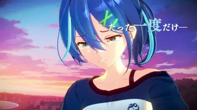 夕焼け空を背景に、青い髪と緑の目をしたアニメの少女が涙を流している様子
