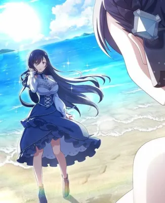 青い海と空が広がるビーチで、青いドレスを着たロングヘアの少女が立っているイラスト