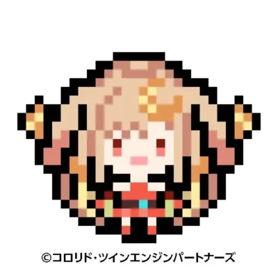 白い背景に、金髪のおさげ髪で赤い服を着たかわいらしいピクセルアートのキャラクターが描かれています。