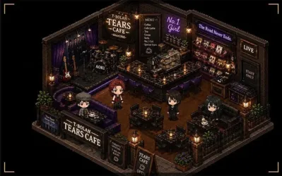 T-BOLAN TEARS CAFEという名前の、レトロで落ち着いた雰囲気のカフェ兼ライブハウスをアイソメトリックビューで描いた画像です。店内にはステージ、バーカウンター、テーブル席があり、アニメ風のキャラクターたちがくつろいでいます。音楽とカフェが融合したユニークな空間が表現されています。