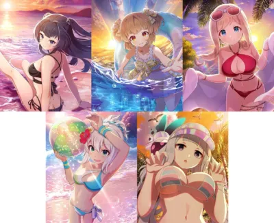 夕焼けのビーチや水辺で、様々なデザインの水着を着た5人のアニメ風の美少女たちが、夏を満喫している様子を描いたイラスト。リラックスしたり、水遊びをしたりする姿が描かれています。