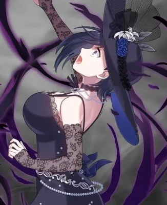 黒いドレスと大きな帽子を身につけたアニメ風の少女のイラスト