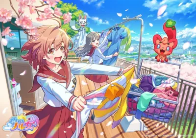 桜が舞う晴れた春の日に、2人の女子学生がバルコニーで楽しそうに洗濯物を干しています。可愛いクリーチャーたちも加わり、背景には街並みが広がっています。