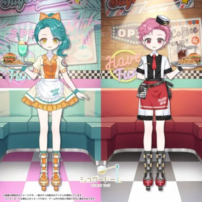 レトロなダイナーのウェイトレスとウェイター姿のキャラクター、別ポーズ