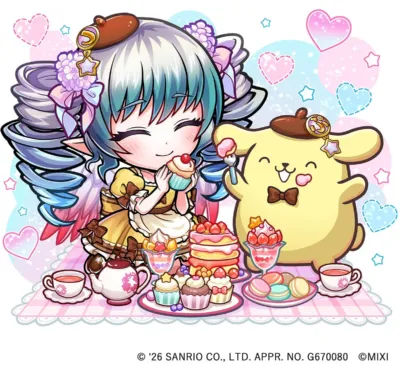 可愛らしい少女とポムポムプリンがスイーツに囲まれているイラスト