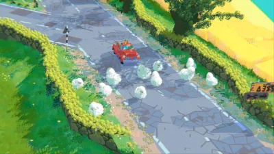 ピクセルアート,田園風景,車,羊,道路,畑,生垣,のどか,ゲームアート,レトロ
