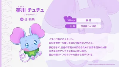 夢川チュチュのプロフィール画像。世界一可愛いと信じ旅行を愛するネズミのクモリン。大きな耳をアンテナとし、登山時にはラジオを携帯。自身の可愛さを広めるのが夢です。
