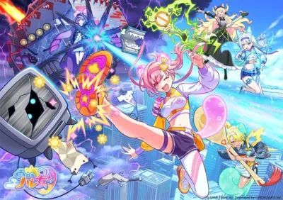 複数のアニメ調のキャラクターが、未来的な都市の上空で激しいアクションを繰り広げているイラストです。ピンク髪の少女が壊れたモニターを蹴り飛ばし、他の少女たちはギターや水などの能力を駆使して戦っています。鮮やかな色彩と躍動感に満ちた一枚です。