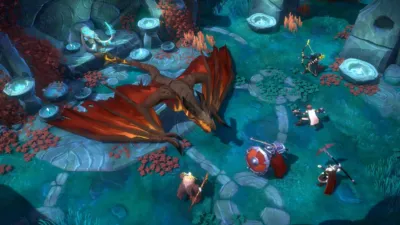 ドラゴンとキャラクターが戦うゲームスクリーンショット