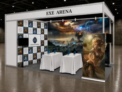 「EXE ARENA」のゲームショーブース。ファンタジーアートが背景に広がり、セクシーな女性キャラクターの等身大パネルが目を引く。東京ゲームショウ2026への出展を告知しており、ゲーム関連イベントでのプロモーションを想定したデザインです。