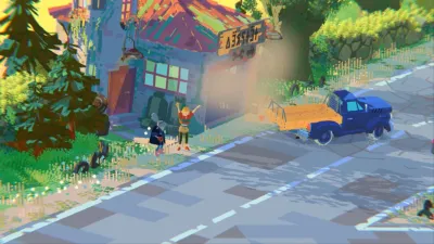 スタイライズ,ローポリゴン,ビデオゲーム,田舎,風景,建物,トラック,人物,夕暮れ,カラフル,アート