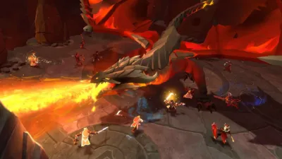 巨大なドラゴンと戦闘するキャラクターたち