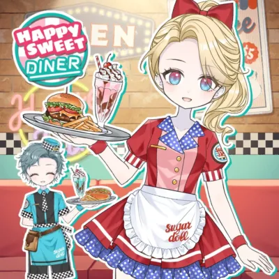 レトロなダイナーのウェイトレスとウェイター姿のキャラクター