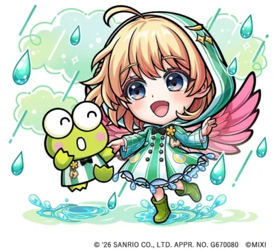 ピンクの翼と緑の衣装を着た可愛らしいアニメの少女がケロッピと手をつないでいるイラスト