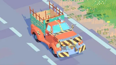 アイソメトリック, トラック, ピックアップトラック, 工事車両, 作業車, オレンジ色, 青緑色, 警告ストライプ, 道路, 草木, デジタルアート, スタイライズド, ローポリ