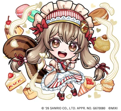 パティシエ風の衣装を着た、かわいらしいちびキャラの女の子が描かれたイラスト