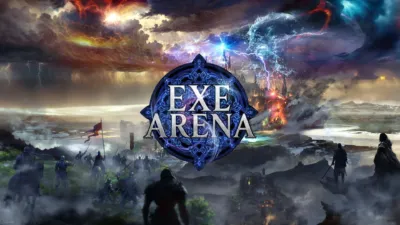 「EXE ARENA」のロゴが中央に配置された、壮大なファンタジーアート。荒れ狂う空の下、騎士たちが進軍し、遠くの城は雷と炎に包まれている。戦乱の時代を描いたダークで劇的な情景。
